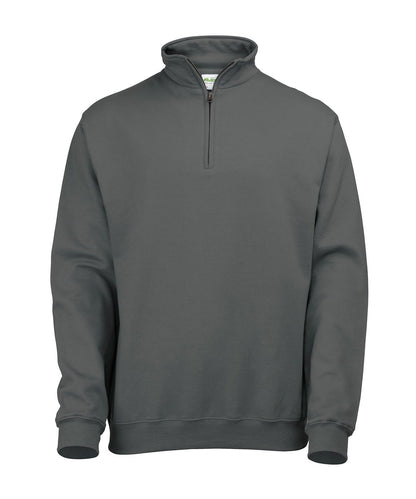 Gray sweatshirt with a quarter zip on a white background